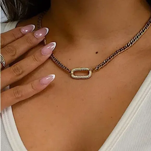 Gold Zircon Rectangular Charm Necklace Chain Link - Picture 4 of 11